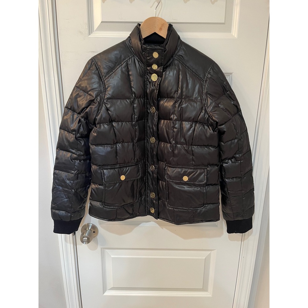 Tory Burch Black Quilted Puffer Jacket Goose Down Gold Logo Buttons Womens M